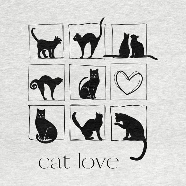 Nine black cats in square frame and one heart by Artpassion